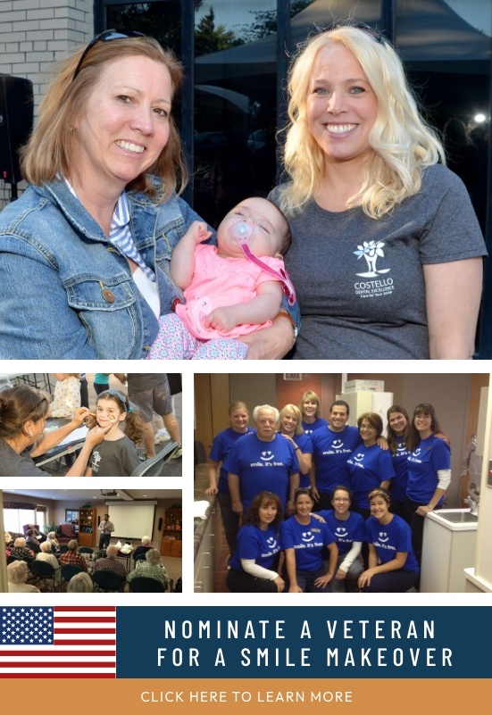 Collage of dental team members volunteering with text that reads nominate a veteran for a smile makeover click here to learn more
