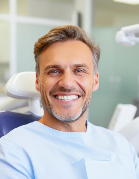 Smiling gray haired man in dental chair