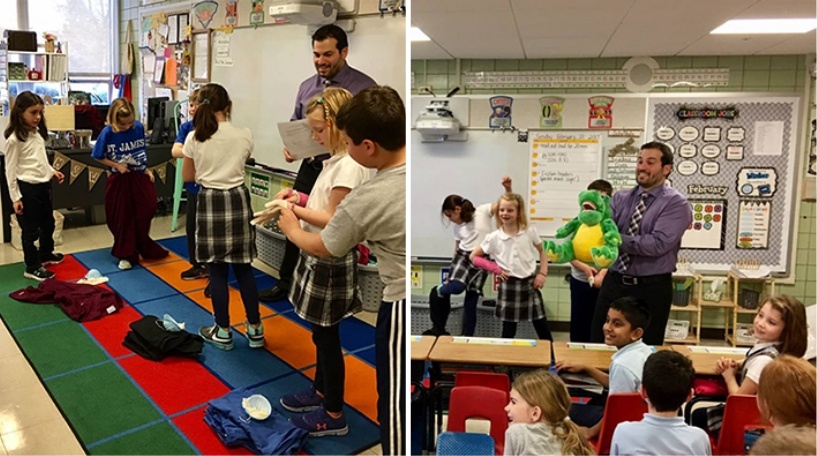 Collage of dentists giving presentations to classroom of kids