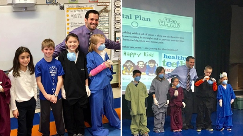 Collage of Doctor Costello smiling with children after presentations