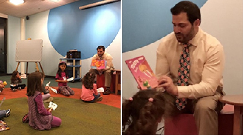 Dentist reading a dentistry themed picture book to a room of kids