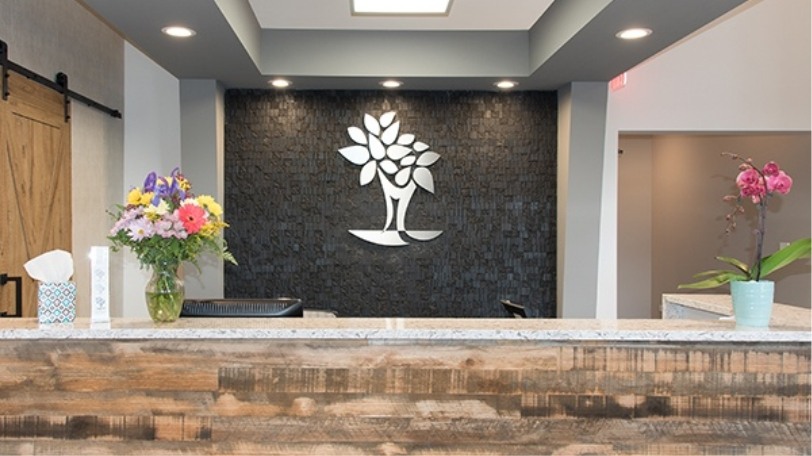 Flowers on counter of front desk