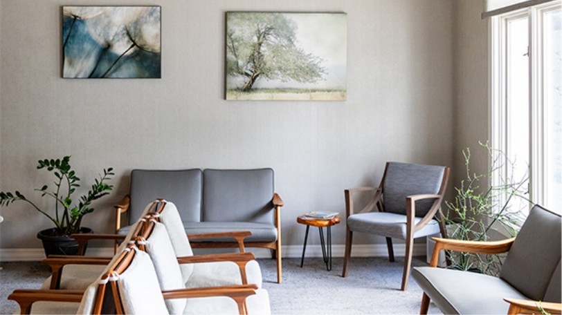 Gray chairs in waiting area